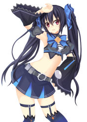 Rule 34 | 10s, 1girl, armpits, bare shoulders, belt, black hair, blush, bow, breasts, crop top, detached sleeves, garter straps, hair bow, hand on own hip, highres, kami jigen game neptune v, long hair, midriff, navel, neptune (series), noire (neptunia), norapan, open mouth, red eyes, shirt, skirt, solo, taut clothes, taut shirt, thighhighs, twintails