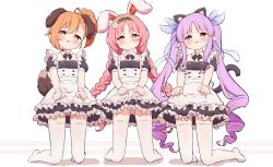 Rule 34 | 3girls, alternate costume, animal ear fluff, animal ears, apron, black dress, black hairband, blush, braid, brown eyes, brown hair, cat ears, cat girl, cat tail, closed mouth, commentary request, dog ears, dog girl, dog tail, dress, enmaided, flower, frilled apron, frilled dress, frills, hair between eyes, hair flower, hair ornament, hairband, highres, kemonomimi mode, kneeling, kyouka (princess connect!), looking at viewer, low twintails, maid, maid apron, mimi (princess connect!), misogi (princess connect!), multiple girls, no shoes, open mouth, panties, parted bangs, pink hair, princess connect!, puffy short sleeves, puffy sleeves, purple hair, rabbit ears, setmen, short sleeves, side ponytail, striped clothes, striped panties, tail, tears, thighhighs, twin braids, twintails, underwear, wavy mouth, white apron, white background, white flower, white legwear