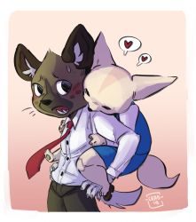 Rule 34 | 1boy, 1girl, aggressive retsuko, blouse, business suit, buttons, chadw, claws, collared shirt, couple, closed eyes, fennec fox, fenneko, formal, furry, furry female, furry male, furry with furry, haida (aggretsuko), heart, highres, hug, hug from behind, hyena, looking back, necktie, office lady, pawpads, sanrio, sharp teeth, shirt, simple background, suit, surprised, sweat, tail, teeth, thought bubble, white shirt