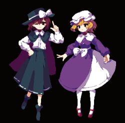 Rule 34 | 2girls, 4qw5, arm up, black background, black cape, black eyes, black footwear, black headwear, black skirt, blonde hair, bow, brown hair, cape, closed mouth, collared dress, collared shirt, dress, fedora, full body, hand on own hip, hat, hat bow, highres, index finger raised, long sleeves, looking at viewer, maribel hearn, mary janes, mob cap, multiple girls, one eye closed, pantyhose, pixel art, purple dress, red footwear, shirt, shoes, short hair, simple background, skirt, smile, touhou, usami renko, waist bow, white bow, white headwear, white pantyhose, white shirt