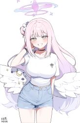 Rule 34 | 1girl, alternate costume, artist name, black choker, blue archive, blush, breasts, casual, choker, commentary, cutoff jeans, cutoffs, dated, denim, denim shorts, feathered wings, hair bun, halo, highres, large breasts, long hair, looking at viewer, midriff peek, mika (blue archive), myeolchi, pink hair, shirt, shorts, signature, simple background, single side bun, smile, solo, very long hair, white background, white shirt, white wings, wings