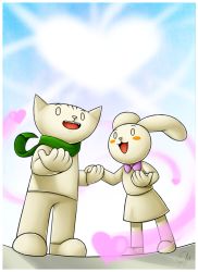 Rule 34 | 1boy, 1girl, blush stickers, rabbit, cat, centurymon, couple, doki, fangs, furry, furry female, furry male, furry with furry, holding hands, heart, hetero, interspecies, looking up, nabi, open mouth, samantha j stroh, scarf, signature, skirt, standing, there she is!!