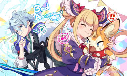 Rule 34 | !, !!, 1boy, 1girl, 1other, animal, artist request, blonde hair, blue hair, character request, copyright notice, cygames, dress, highres, holding, holding animal, musical note, purple dress, shadowverse, sidelocks, spoken exclamation mark, spoken musical note, spoken squiggle, squiggle, twintails, world flipper