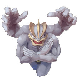 Rule 34 | colored skin, creatures (company), extra arms, game freak, gen 1 pokemon, grey skin, highres, machamp, nintendo, no humans, open mouth, pokemon, pokemon (creature), polyacryla, red eyes, simple background, solo, white background