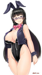 Rule 34 | 1girl, adapted costume, animal ears, bare arms, bare shoulders, bespectacled, black hair, black hairband, black leotard, blush, bow, bowtie, braid, breasts, closed mouth, collarbone, collared vest, covered navel, crop top, crop top overhang, cropped vest, curvy, fake animal ears, fingernails, french braid, glasses, grey eyes, groin, hair ornament, hairband, hairclip, half-closed eyes, head tilt, highres, hip focus, huge breasts, legs together, leotard, long hair, looking at viewer, naughty face, nijisanji, open clothes, open vest, parted lips, pink bow, pink bowtie, playboy bunny, purple-framed eyewear, rabbit ears, saizu nitou gunsou, semi-rimless eyewear, shiny clothes, shiny skin, sidelocks, simple background, smile, solo, standing, straight hair, strapless, strapless leotard, thighs, tsukino mito, tsukino mito (1st costume), twitter username, very long hair, vest, virtual youtuber, white background, wrist cuffs