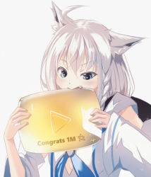 Rule 34 | 1girl, absurdres, ahoge, aniki (aniki90), animal ear fluff, animal ears, biting, blue eyes, blue neckerchief, braid, commentary, detached sleeves, english commentary, engrish commentary, fox ears, fox girl, fox tail, grey background, highres, hololive, neckerchief, shirakami fubuki, shirakami fubuki (1st costume), solo, tail, virtual youtuber, white hair, white sleeves, youtube, youtube creator award