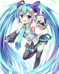 Rule 34 | 1girl, aqua eyes, aqua hair, bad id, bottle, detached sleeves, hatsune miku, headset, long hair, necktie, open mouth, pointing, skirt, solo, thighhighs, twintails, very long hair, vocaloid, white background, yatsuki yura