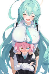 Rule 34 | 2girls, ^ ^, absurdres, ahoge, aqua hair, aqua necktie, armband, band (skymole01), bandaid, bandaid on leg, black armband, black skirt, blue archive, blush, breast rest, breasts, breasts on head, bulletproof vest, chest harness, closed eyes, crossed arms, halo, hands on another&#039;s shoulders, harness, heterochromia, highres, hoshino (blue archive), hoshino (young) (blue archive), huge ahoge, huge breasts, long hair, looking up, miniskirt, multiple girls, necktie, nose blush, pink hair, plaid, plaid skirt, pleated skirt, school uniform, shirt, simple background, skirt, smile, very long hair, white background, white shirt, yume (blue archive)