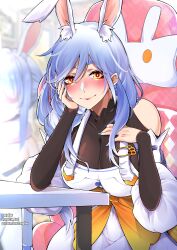 Rule 34 | 2girls, absurdres, animal ear fluff, animal ears, black bodysuit, blue hair, blue nails, blush, bodysuit, braid, braided ponytail, breasts, cleavage, detached sleeves, dress, hand on own chest, hand on own face, highres, hololive, large breasts, long hair, long xue, looking at viewer, mature female, mother and daughter, multicolored hair, multiple girls, nail polish, orange eyes, pekomama, rabbit-shaped pupils, rabbit ears, rabbit girl, short eyebrows, smile, streaked hair, symbol-shaped pupils, usada pekora, usada pekora (1st costume), virtual youtuber, white dress, white hair, white sleeves