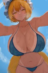 Rule 34 | 1girl, absurdres, bikini, blonde hair, blue bikini, blue sky, breasts, cleavage, closed mouth, cloud, commentary request, fox girl, fox tail, hat, highres, huge breasts, looking at viewer, mob cap, moriforest1040, navel, outdoors, short hair, sky, smile, solo, swimsuit, tail, tan, tanline, touhou, white hat, yakumo ran, yellow eyes