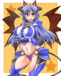 Rule 34 | 1girl, animal ears, blue hair, blush, breasts, curvy, demon girl, earrings, covered erect nipples, female focus, galerie, gluteal fold, horns, jewelry, large breasts, long hair, looking at viewer, navel, open mouth, panties, pointy ears, red eyes, shinrabanshou, simple background, smile, solo, standing, tail, tank top, thighs, underwear, wide hips, wings