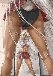 Rule 34 | 1girl, abs, accidental exposure, alternate costume, animal ears, arms up, ass, bare legs, black panties, boku no hero academia, breasts, brown eyes, clothes lift, collared shirt, covered erect nipples, dakushido, dark-skinned female, dark skin, female focus, from behind, full-length mirror, highres, indoors, kneepits, lifted by tail, lips, looking at mirror, medium breasts, microskirt, midriff, mirko, mirror, muscular, muscular female, panties, parted lips, plaid, plaid skirt, rabbit ears, rabbit girl, rabbit tail, reflection, shirt, skirt, skirt lift, sleeveless, sleeveless shirt, solo, standing, stomach, tail, tied shirt, toned, underwear, white hair, white shirt