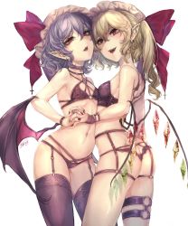 Rule 34 | 2girls, ass, bare shoulders, bat wings, black bra, black legwear, black panties, blonde hair, blush, bow, bra, breasts, butt crack, choker, commentary request, contrapposto, cowboy shot, cross, crystal, ear piercing, earrings, eyelashes, facing another, fangs, fingernails, flandre scarlet, flat chest, garter belt, hair between eyes, hat, hat bow, highres, incest, interlocked fingers, jewelry, kyogoku-uru, leg belt, lips, looking at viewer, mob cap, multiple girls, nail polish, navel, navel piercing, one side up, open mouth, panties, piercing, pointy ears, purple hair, red bow, red eyes, red nails, remilia scarlet, sharp fingernails, short hair, siblings, signature, simple background, sisters, slit pupils, small breasts, smile, standing, thighhighs, thighs, thong, touhou, underwear, wavy hair, white background, white headwear, wings, wristband, yuri
