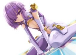 Rule 34 | 1girl, ar tonelico, ar tonelico iii, bodysuit, braid, closed mouth, detached sleeves, flat chest, gloves, hair ornament, hazuki akaoto, looking at viewer, navel, purple eyes, purple hair, short hair, skin tight, smile, solo, tilia (ar tonelico), twin braids