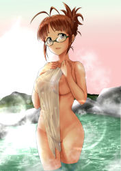 Rule 34 | 1girl, ahoge, akizuki ritsuko, areola slip, blurry, bokeh, breasts, brown eyes, brown hair, commentary, completely nude, covering privates, cowboy shot, depth of field, glasses, holding, holding towel, idolmaster, idolmaster (classic), looking at viewer, medium breasts, medium hair, minpei ichigo, naked towel, nude, nude cover, onsen, open mouth, semi-rimless eyewear, smile, solo, sparkle, standing, steam, thigh gap, towel, wading, water, wet