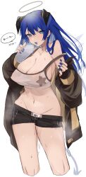 Rule 34 | 1girl, absurdres, areola slip, arknights, black jacket, black shorts, blue eyes, blue hair, blue nails, blue tongue, blush, bottle, breasts, chunta, cleavage, collarbone, colored tongue, commentary, contrapposto, covered erect nipples, crop top, cropped legs, demon horns, demon tail, detached wings, fang, feet out of frame, female pubic hair, groin, halo, highres, holding, holding bottle, horns, jacket, large breasts, long hair, looking at viewer, mostima (arknights), nail polish, navel, nipples, no panties, off shoulder, open clothes, open jacket, open mouth, pubic hair, pubic hair peek, pussy juice, pussy juice drip through clothes, see-through, short shorts, shorts, simple background, smile, solo, speech bubble, standing, star (symbol), steaming body, stomach, strap slip, sweat, tail, tank top, teeth, thighs, translated, upper teeth only, water bottle, white background, white tank top, wings