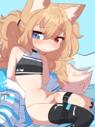 Rule 34 | 1boy, animal ear fluff, animal ears, belt, black thighhighs, blonde hair, blue background, blue eyes, blush, bottomless, claravt (roringclara), closed mouth, commentary, commission, cum, english commentary, fox boy, fox ears, fox tail, heterochromia, highres, jacket, long hair, long sleeves, male focus, navel, nose blush, original, penis, red eyes, simple background, single thighhigh, sitting, solo, tail, testicles, thigh belt, thigh strap, thighhighs, trap, wariza, white jacket