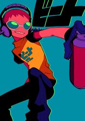 Rule 34 | 1boy, beat (jsr), black pants, blue background, blue gloves, brown hair, can, clothes writing, foreshortening, gloves, green-tinted eyewear, green outline, grin, headphones, highres, holding, holding can, jet set radio, male focus, menma (enaic31), outline, pants, shirt, short hair, smile, solo, spray can, t-shirt, tinted eyewear, translation request, white-framed eyewear, yellow shirt