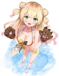 Rule 34 | 1girl, :d, bare legs, bare shoulders, barefoot, bear paws, bikini, blonde hair, blush, bow, bow bikini, breasts, cleavage, clenched hand, collarbone, double bun, fang, fang out, frilled bikini, frills, from above, gloves, green eyes, hair bun, hair ornament, highres, hololive, k mugura, long hair, looking at viewer, medium breasts, momosuzu nene, navel, open mouth, smile, solo, swimsuit, two-tone bikini, two-tone bow, virtual youtuber, white background, yellow bow