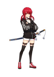 Rule 34 | 1girl, :t, absurdres, angry, black jacket, black thighhighs, closers, clothes writing, crossed arms, fingerless gloves, full body, gloves, highres, hood, hood down, hooded jacket, jacket, katana, legs apart, long sleeves, looking at viewer, low twintails, medium hair, official art, puffy long sleeves, puffy sleeves, red eyes, red footwear, red hair, seth (closers), sheath, sheathed, shirt, shoes, short shorts, shorts, sidelocks, sneakers, solo, standing, sword, tachi-e, tassel, thighhighs, twintails, v-shaped eyebrows, weapon, white background, white gloves, white nails, white shirt, white shorts
