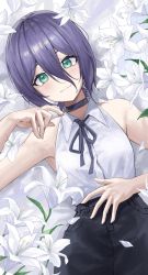 Rule 34 | 1girl, bare shoulders, black choker, black pants, black ribbon, chainsaw man, choker, closed mouth, collared shirt, commentary, flower, green eyes, hair between eyes, hand on own stomach, hand up, highres, light blush, long bangs, looking at viewer, lying, mansu (user pnmp4287), neck ribbon, on back, pants, purple hair, reze (chainsaw man), ribbon, shirt, shirt tucked in, short hair, sleeveless, sleeveless shirt, smile, solo, white flower, white shirt