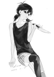 Rule 34 | 1girl, antenna hair, bare arms, bare shoulders, chinese commentary, collarbone, commentary request, dated, expressionless, feet out of frame, genderswap, genderswap (mtf), greyscale, hand up, highres, holding, holding knife, kmkmkmkm, knife, looking ahead, low twintails, monochrome, no pupils, omori, omori (omori), short twintails, shorts, signature, solo, striped clothes, striped shorts, tank top, thighhighs, twintails