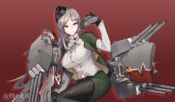 Rule 34 | 1girl, binoculars, black gloves, black hat, breasts, cannon, capelet, commentary, garrison cap, gloves, green capelet, green skirt, grey hair, hair ornament, hairclip, hat, holding, holding binoculars, large breasts, long hair, long sleeves, machinery, moscow (warships girls r), purple eyes, shirt, skirt, solo, turret, warship girls r, wave505, white shirt