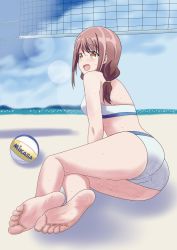 Rule 34 | 1girl, ass, ball, barefoot, beach, bikini, brown hair, feet, long hair, nush advance, soles, solo, sweat, swimsuit, toes