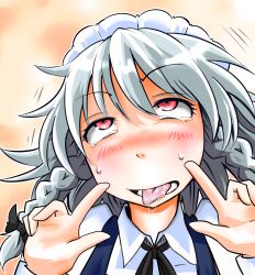 Rule 34 | 1girl, ahegao, blush, bow, braid, drooling, embodiment of scarlet devil, female focus, hair bow, hair bun, hair ribbon, highres, izayoi sakuya, long hair, maid headdress, meme, open mouth, pointing, red eyes, ribbon, saliva, silver hair, solo, sweat, tears, tongue, tongue out, touhou, twin braids, upper body, wakie