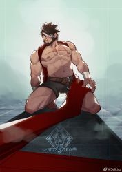 Rule 34 | 1boy, bandaged wrist, bandages, bara, beard, belt, black eyes, brown belt, brown hair, chest hair, closed mouth, facial hair, highres, looking at viewer, male focus, mature male, muscular, muscular male, one eye covered, original, pectorals, scar, scar on chest, selkiro, shorts, sideburns, solo