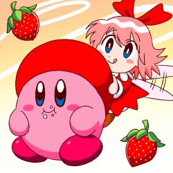 Rule 34 | 1girl, beret, blue eyes, blush stickers, colored skin, dress, fairy, fairy wings, food, food on face, fruit, gradient background, hair ribbon, hat, kirby, kirby&#039;s dream buffet, kirby (series), nintendo, pink hair, pink skin, red dress, red hat, red ribbon, ribbon, ribbon (kirby), solid oval eyes, strawberry, tongue, tongue out, wings, yutakunatu