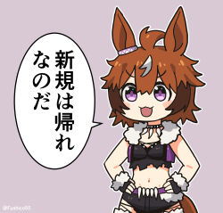 Rule 34 | ahoge, animal ears, black gloves, black shorts, brown hair, commentary, cowboy shot, cropped jacket, ear ornament, fang, fourth wall, fur-trimmed jacket, fur trim, fushicho, gloves, grey background, groin, hair between eyes, highres, horse ears, horse girl, horse tail, jacket, jewelry, medium hair, midriff, multicolored hair, navel, necklace, open mouth, outline, purple eyes, shinko windy (umamusume), shorts, skin fang, sleeveless, sleeveless jacket, speech bubble, streaked hair, tail, tooth necklace, torn clothes, torn shorts, translated, twitter username, umamusume, white hair