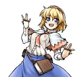 Rule 34 | 1girl, alice margatroid, arms up, blonde hair, blue eyes, book, capelet, female focus, lowres, necktie, oekaki, open mouth, phenne, smile, solo, touhou, transparent background