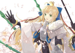 Rule 34 | absurdres, ahoge, armor, armored dress, artoria caster (fate), artoria caster (third ascension) (fate), artoria pendragon (fate), black gloves, blonde hair, blue bow, blue ribbon, bow, bracelet, breasts, cape, crown, diamond (shape), dress, elbow gloves, fate/grand order, fate (series), fur trim, gloves, green eyes, hair bow, highres, jewelry, long hair, long sleeves, open mouth, petals, red hair, ribbon, simple background, small breasts, suama (0122), white dress, white fur