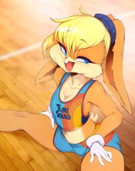 1girl, absurdres, animal ears, animal nose, blonde hair, blue eyes, blue shorts, body fur, breasts, bunny ears, clothes writing, collarbone, eyebrows visible through hair, fur, furry, gloves, highres, lola bunny, looney tunes, midriff, navel, open mouth, shorts, sitting, slugbox, small breasts, smile, snout, solo, space jam, sportswear, thighs, white gloves