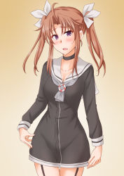 Rule 34 | 1girl, ahoge, amatsukaze (kancolle), amatsukaze (kancolle) (cosplay), anti (untea9), beige background, brown hair, choker, commentary request, cosplay, dress, garter straps, gradient background, grey dress, grey neckerchief, hair ribbon, highres, kagerou (kancolle), kantai collection, lifebuoy ornament, long hair, looking at viewer, neckerchief, purple eyes, ribbon, sailor collar, sailor dress, solo, thigh gap, twintails, white ribbon, white sailor collar