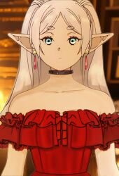 Rule 34 | absurdres, dress, elf, frieren, highres, non-web source, pointy ears, red dress, sousou no frieren, strapless, strapless dress