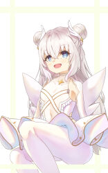 Rule 34 | + +, 1girl, :d, absurdres, azur lane, bare shoulders, blue eyes, blush, breasts, choker, clothing cutout, collarbone, covered navel, crossed bangs, double bun, feet out of frame, frills, hair between eyes, hair bun, hair ornament, head wings, highres, invisible chair, le malin (azur lane), le malin (muse) (azur lane), leotard, long hair, long sleeves, looking at viewer, lyvysn, navel, official alternate costume, open mouth, pantyhose, ribbon, sidelocks, simple background, sitting, skirt, sleeveless, small breasts, smile, solo, star-shaped pupils, star (symbol), stomach, symbol-shaped pupils, thighband pantyhose, tutu, very long hair, white background, white hair, white leotard, white pantyhose, white skirt, wing hair ornament, wings