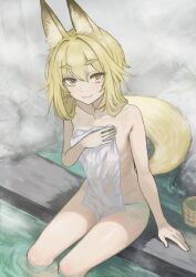 1girl animal_ears blonde_hair breasts covering_privates fox_ears fox_girl fox_tail highres looking_at_viewer medium_hair nito_(nshtntr) nude_cover onsen original sitting small_breasts smile soaking_feet steam tail towel water wet_towel yellow_eyes