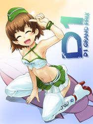 Rule 34 | 10s, 1girl, arm support, belt, blush, boots, bracelet, brown hair, english text, closed eyes, frilled skirt, frills, garrison cap, girls und panzer, halterneck, hat, jewelry, kneeling, midriff, miniskirt, navel, open mouth, r-ex, race queen, short hair, skirt, smile, solo, star (symbol), thigh boots, thighhighs, tsuchiya (girls und panzer), v, white footwear, white thighhighs