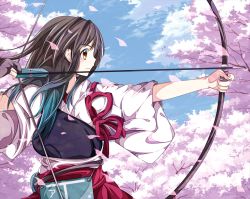 Rule 34 | 10s, 1girl, akagi (kancolle), aqua hair, archery, arrow (projectile), bad id, bad pixiv id, blue sky, bow (weapon), brown eyes, brown hair, cherry blossoms, day, drawing bow, gloves, gradient hair, hakama, hakama short skirt, hakama skirt, hikobae, holding, holding bow (weapon), holding weapon, japanese clothes, kantai collection, kyuudou, long hair, looking away, multicolored hair, muneate, outdoors, partially fingerless gloves, partly fingerless gloves, skirt, sky, solo, tasuki, upper body, weapon, wide sleeves, yugake