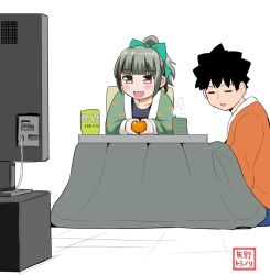Rule 34 | 10s, 1boy, 1girl, admiral (kancolle), black hair, bow, closed eyes, coat, commentary request, cup, food, fruit, green hair, hair bow, hanten (clothes), highres, kantai collection, kotatsu, mandarin orange, on floor, ponytail, sidelocks, smile, steam, table, teacup, television, text focus, translation request, yano toshinori, yellow eyes, yunomi, yuubari (kancolle)
