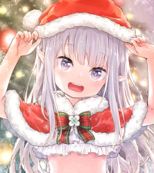 Rule 34 | 1girl, :d, aged down, arms up, blurry, blurry background, bow, bowtie, capelet, child, emilia (re:zero), fur-trimmed capelet, fur-trimmed headwear, fur trim, green bow, green bowtie, hat, highres, long hair, open mouth, pointy ears, purple eyes, re:zero kara hajimeru isekai seikatsu, red bow, red capelet, red hat, santa hat, shirafuji sayu, smile, solo, upper body