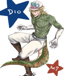 Rule 34 | 1boy, argyle, argyle clothes, argyle sweater, blonde hair, blue eyes, boots, claws, diego brando, gloves, green shirt, hat, jojo no kimyou na bouken, male focus, nokia86, scary monsters (stand), shirt, short hair, solo, stand (jojo), steel ball run, sweater, tail, turtleneck
