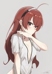 Rule 34 | 1girl, ahoge, breasts, closed mouth, collarbone, crossed bangs, downblouse, eris greyrat, grey background, hairband, highres, long hair, looking at viewer, mushoku tensei, nanao gan, profile, red eyes, red hair, shirt, signature, simple background, small breasts, solo, sweat, upper body, white shirt