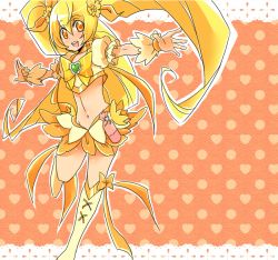 Rule 34 | 10s, 1girl, bad id, bad pixiv id, blonde hair, boots, bow, brooch, cure sunshine, flower, heart, heart background, heart brooch, heartcatch precure!, knee boots, long hair, magical girl, midriff, myoudouin itsuki, navel, orange background, orange skirt, orange theme, polka dot, polka dot background, precure, ribbon, skirt, solo, twintails, yawaragi, yellow bow, yellow eyes