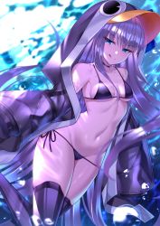Rule 34 | 1girl, :q, absurdres, air bubble, animal costume, armpits, bare shoulders, bikini, blue eyes, blush, boots, breasts, bubble, choker, closed mouth, collarbone, fate/grand order, fate (series), groin, heiyan shenshi, highres, long hair, long sleeves, looking at viewer, lowleg, lowleg bikini, medium breasts, meltryllis, meltryllis (fate), meltryllis (swimsuit lancer) (fate), meltryllis (swimsuit lancer) (first ascension) (fate), navel, open clothes, penguin costume, purple bikini, purple choker, purple footwear, purple hair, purple ribbon, ribbon, side-tie bikini bottom, sideboob, smile, solo, stomach, swimsuit, thigh boots, thighhighs, thighs, tongue, tongue out, underwater, very long hair