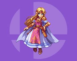 Rule 34 | 1girl, blue eyes, commentary, dani oliver, dress, english commentary, hand on own hip, holding, holding clothes, holding dress, logo, looking to the side, lowres, nintendo, pixel art, pointy ears, princess zelda, solo, super smash bros., super smash bros. logo, the legend of zelda, the legend of zelda: a link between worlds, yellow eyes