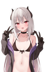 Rule 34 | 1girl, :p, bare shoulders, bikini, black bikini, black choker, black gloves, black jacket, blush, breasts, choker, cleavage, collarbone, demon girl, double v, front-tie top, gloves, groin, halterneck, hands up, horns, jacket, kamu (geeenius), long hair, long sleeves, looking at viewer, navel, off shoulder, open clothes, open jacket, original, red eyes, simple background, small breasts, smile, stomach, swimsuit, tongue, tongue out, upper body, v, white background
