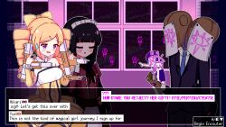 Rule 34 | 2girls, bare shoulders, black hair, black suit, blonde hair, blue necktie, blush, bow, chibikki, closed eyes, dialogue box, dress, drill hair, formal, gun, hair bow, highres, holding, holding gun, holding weapon, indoors, magical girl, maid headdress, multiple girls, necktie, open mouth, original, purple eyes, red dress, school, smile, suit, sweat, sweatdrop, twin drills, weapon, yellow bow, yellow dress